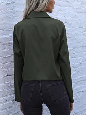 Drawstring waist utility shirt in Black Forest, long sleeve, collared, buttoned back view.