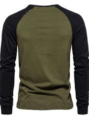 Army green and black colorblock raglan long sleeve t-shirt.