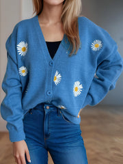 Sky blue oversized knit cardigan with embroidered daisies, button front, V-neck