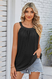 Black eyelet halter neck tank top with gathered neckline