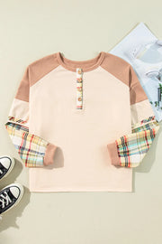 Raglan henley top in tan with plaid sleeves and button detail