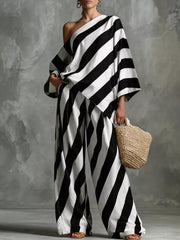 Asymmetrical Striped Top And Wide-leg Pants Set