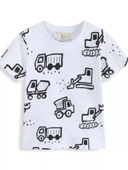 White cotton t-shirt with black construction vehicle print for babies and kids.