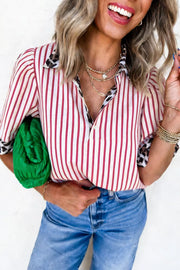 Chic striped shirt with leopard trim, buttoned, polyester, women's fashion