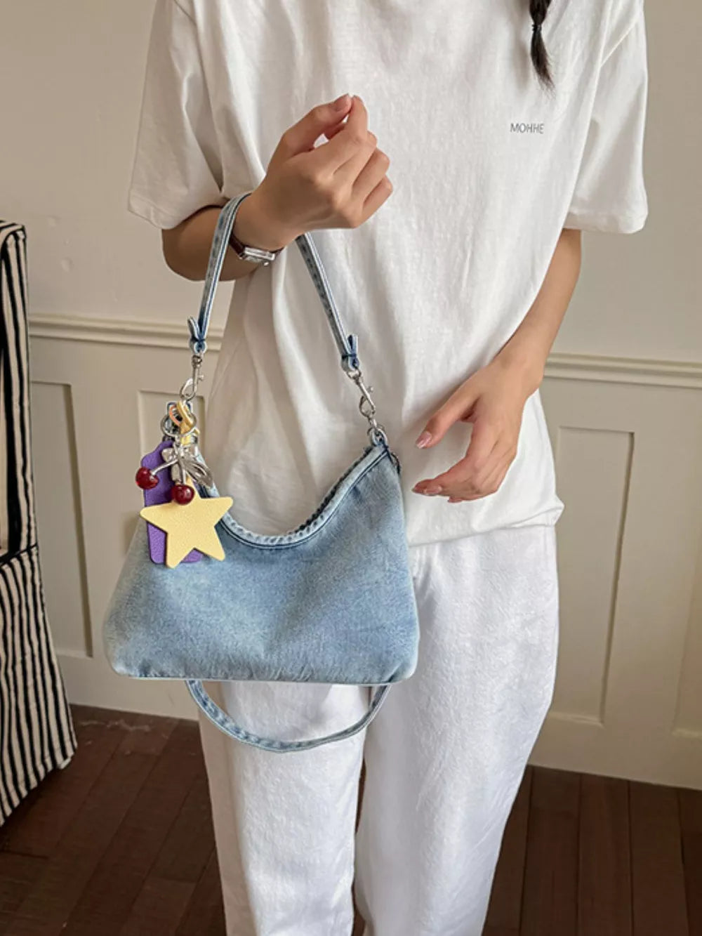 Star Charm Denim Shoulder Bag in Medium, back view