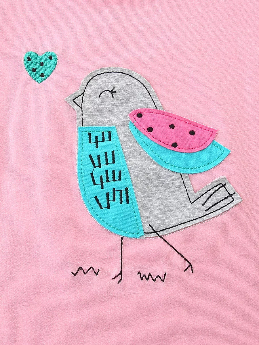 Pink cotton toddler tee with playful bird graphic applique and embroidered heart detail.