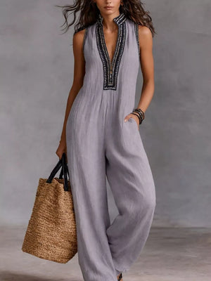 Full Size Sleeveless Wide-leg Jumpsuit Plus Size in Sky Blue, model styling view