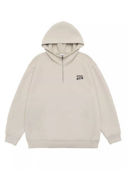 Plus-size beige quarter-zip hoodie with a front pocket and "Believe In Me" graphic.