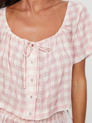 Apricot gingham crop top with tie neck and button front detail