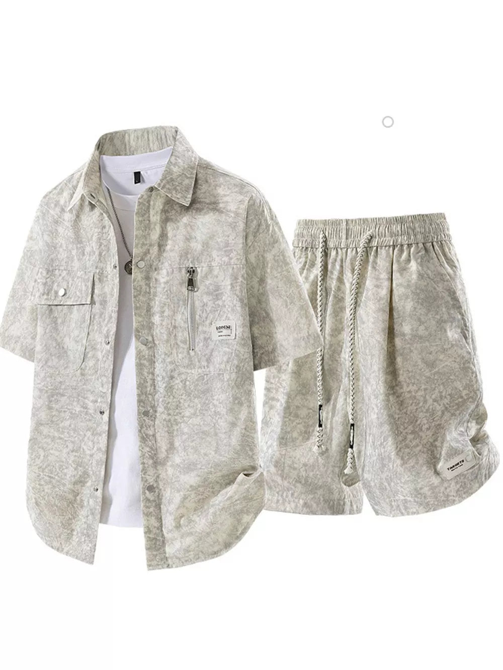 Men's Plus Size Lightweight Textured Shirt And Shorts Set in Beige, front view