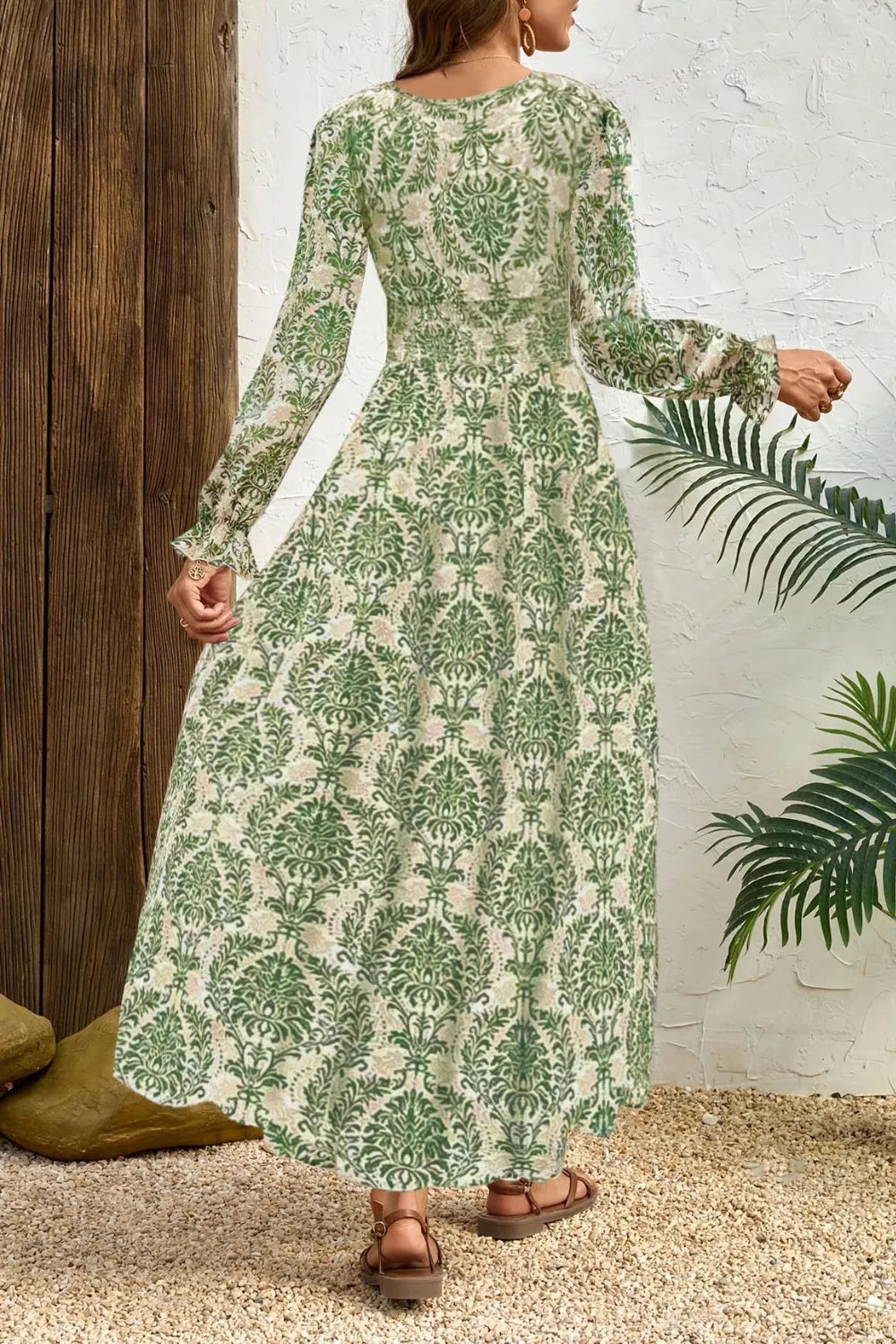 Sage printed maxi dress with bishop sleeves and cinched waist