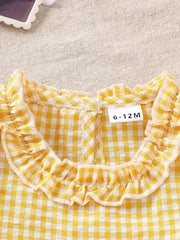 Light yellow gingham baby set with ruffled collar and size tag