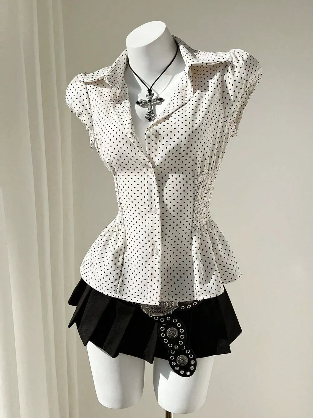 Polka Dot Cap Sleeve Blouse, model styling view