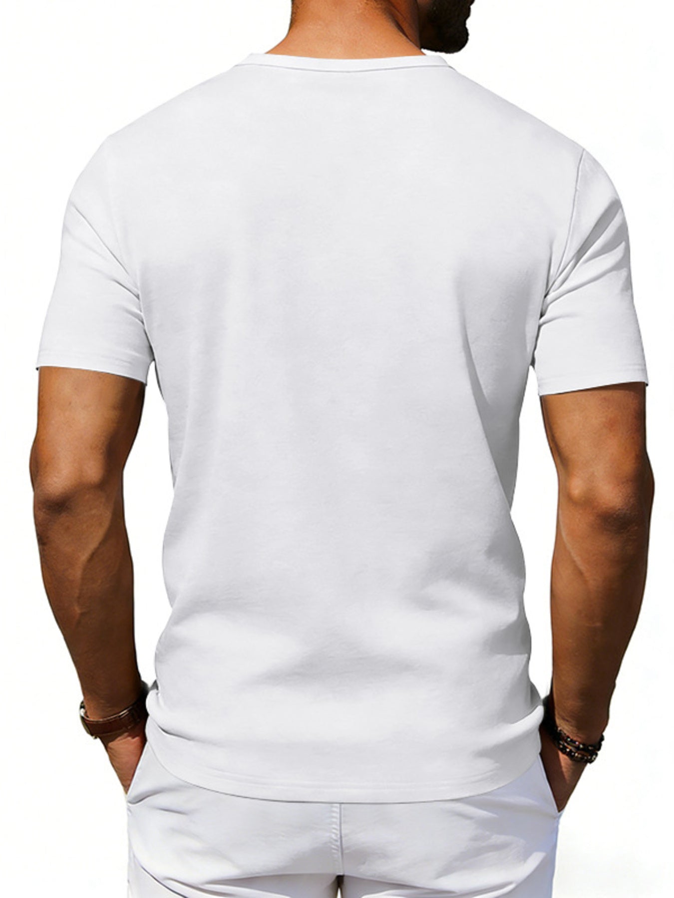 White cotton blend scoop neck tee with short sleeves, a relaxed fit, and a plain back.