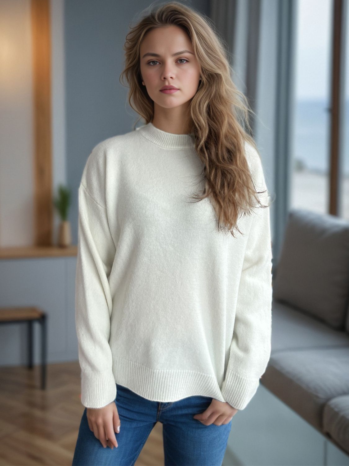 Textured knit crew neck pullover sweater in cream, styled casually with jeans.