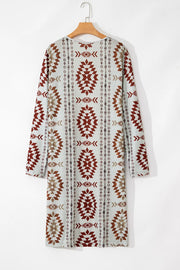 Southwestern print duster cardigan in brown with long sleeves and a relaxed fit.