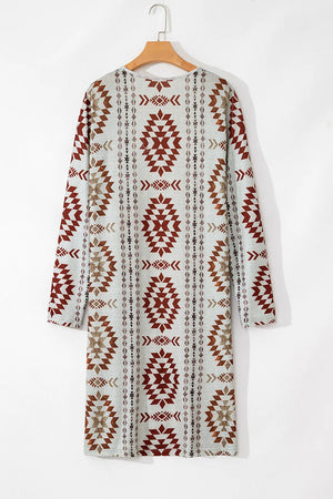 Southwestern print duster cardigan in brown with long sleeves and a relaxed fit.