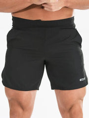 Black athletic shorts with elastic waistband and white logo detail.