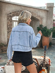 Studded Button Up Denim Jacket in Blue, back view