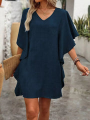 Dark navy ruffled sleeve V-neck mini dress with a textured fabric.