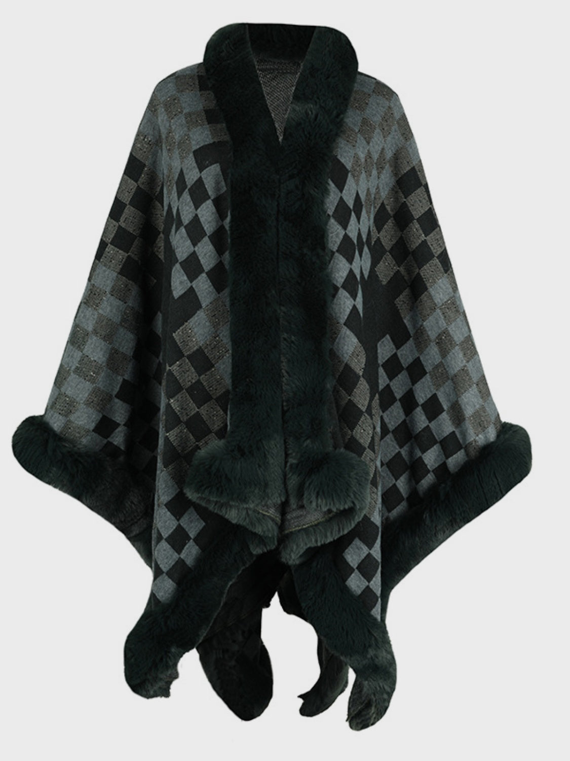 Checkered acrylic cape with faux fur trim in dark navy and black forest.