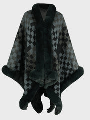 Checkered acrylic cape with faux fur trim in dark navy and black forest.