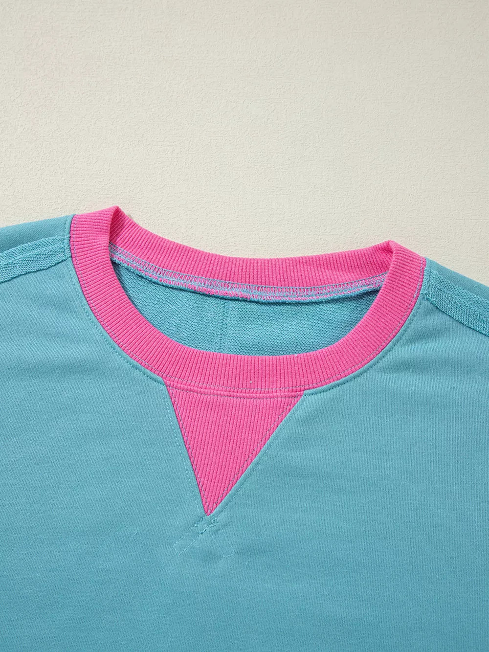 Colorblock Patchwork Crew Neck Sweatshirt in Teal, model styling view