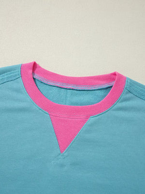 Colorblock Patchwork Crew Neck Sweatshirt in Teal, model styling view