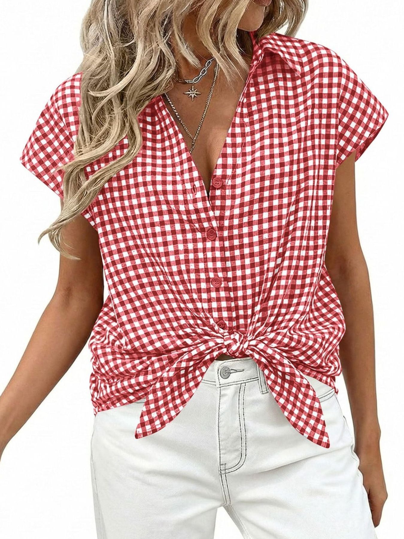 Red gingham print button-down shirt with short sleeves and a knotted front detail.