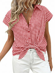 Red gingham print button-down shirt with short sleeves and a knotted front detail.
