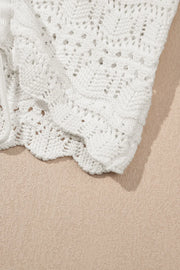 White crochet tank top with ruched front detail and scalloped hem
