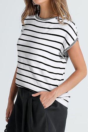 Boxy white t-shirt with black stripes and contrast trim neckline and sleeves.