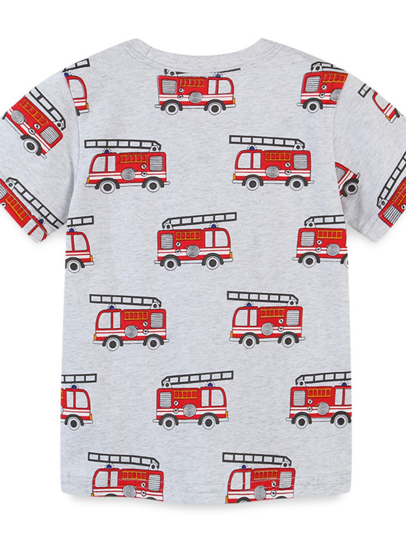 Grey t-shirt with all-over red fire truck print, short sleeves, crew neck.
