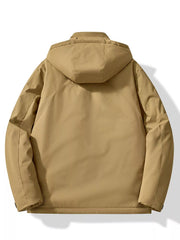Khaki hooded windbreaker jacket, back view, casual style.