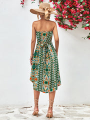 Green printed bandeau midi dress with asymmetric hem and belt
