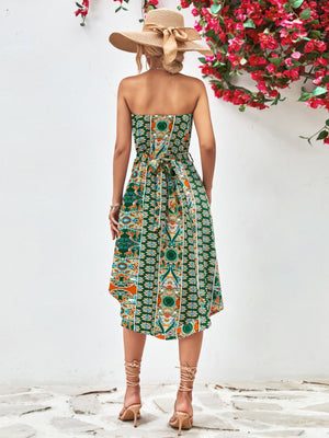 Green printed bandeau midi dress with asymmetric hem and belt