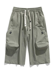 Light gray cargo capris with adjustable drawstring and large side pockets.