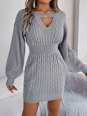 Cable knit mini dress in charcoal with keyhole neckline and balloon sleeves