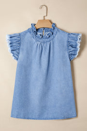 Frilled collar distressed denim top with ruffled cap sleeves and frayed hem.
