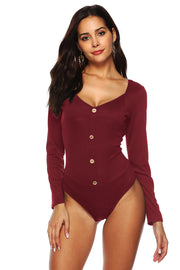 Brick red ribbed long sleeve bodysuit with button front and square neckline
