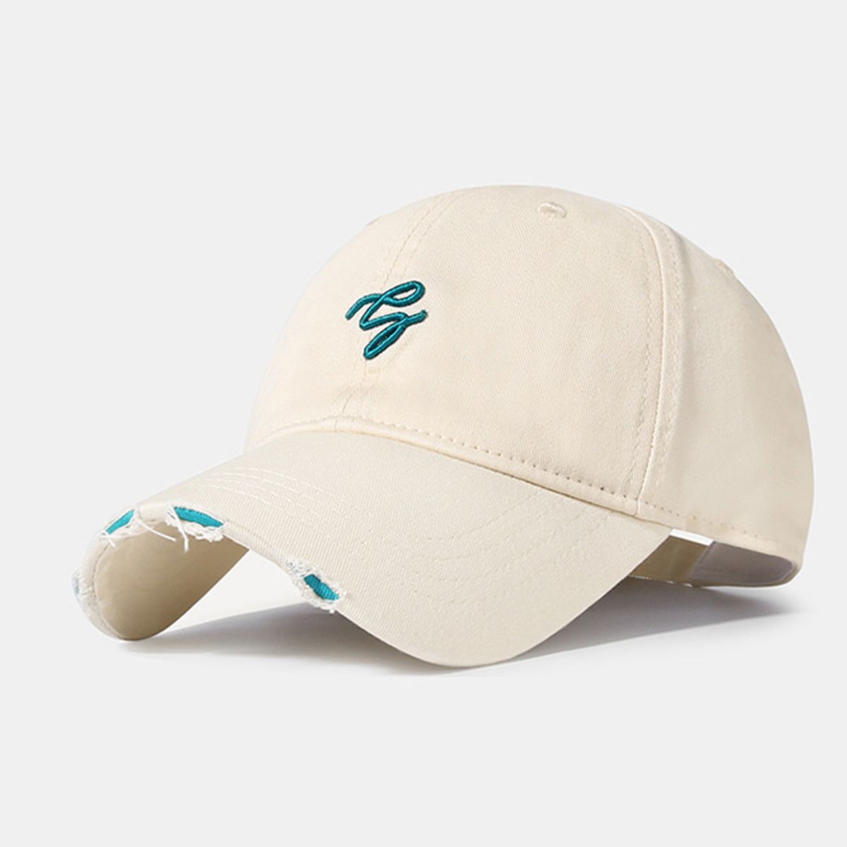 Off-white distressed cotton baseball cap with embroidered logo and ripped brim detail.
