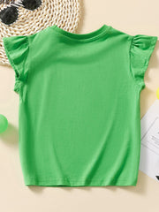 Green cotton cap sleeve t-shirt with ruffled sleeves and a round neckline.