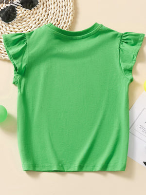Green cotton cap sleeve t-shirt with ruffled sleeves and a round neckline.