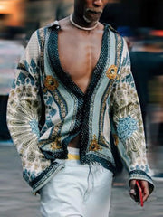 Bohemian print open-front silk shirt with a deep V-neck and long sleeves.