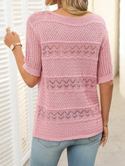 Breezy Babel half-sleeve knit sweater in Blush Pink with openwork stripe details.