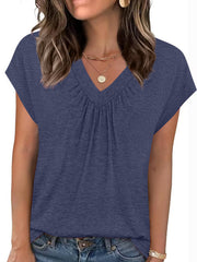 Navy v-neck t-shirt with ruched detail and short sleeves.