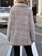 Taupe teddy bear textured button-down coat with a relaxed fit.