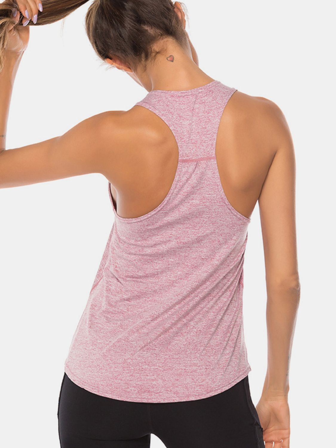 Blush pink heathered racerback tank top with ruched side detail