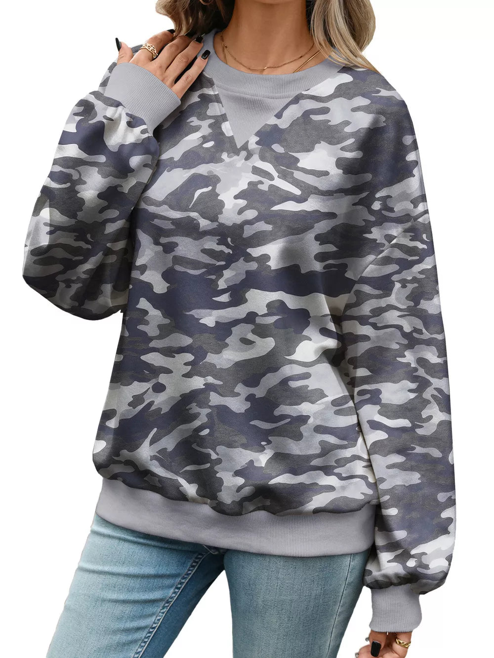 Leaf Print Sweatshirt With Contrasting Trim in dark grey