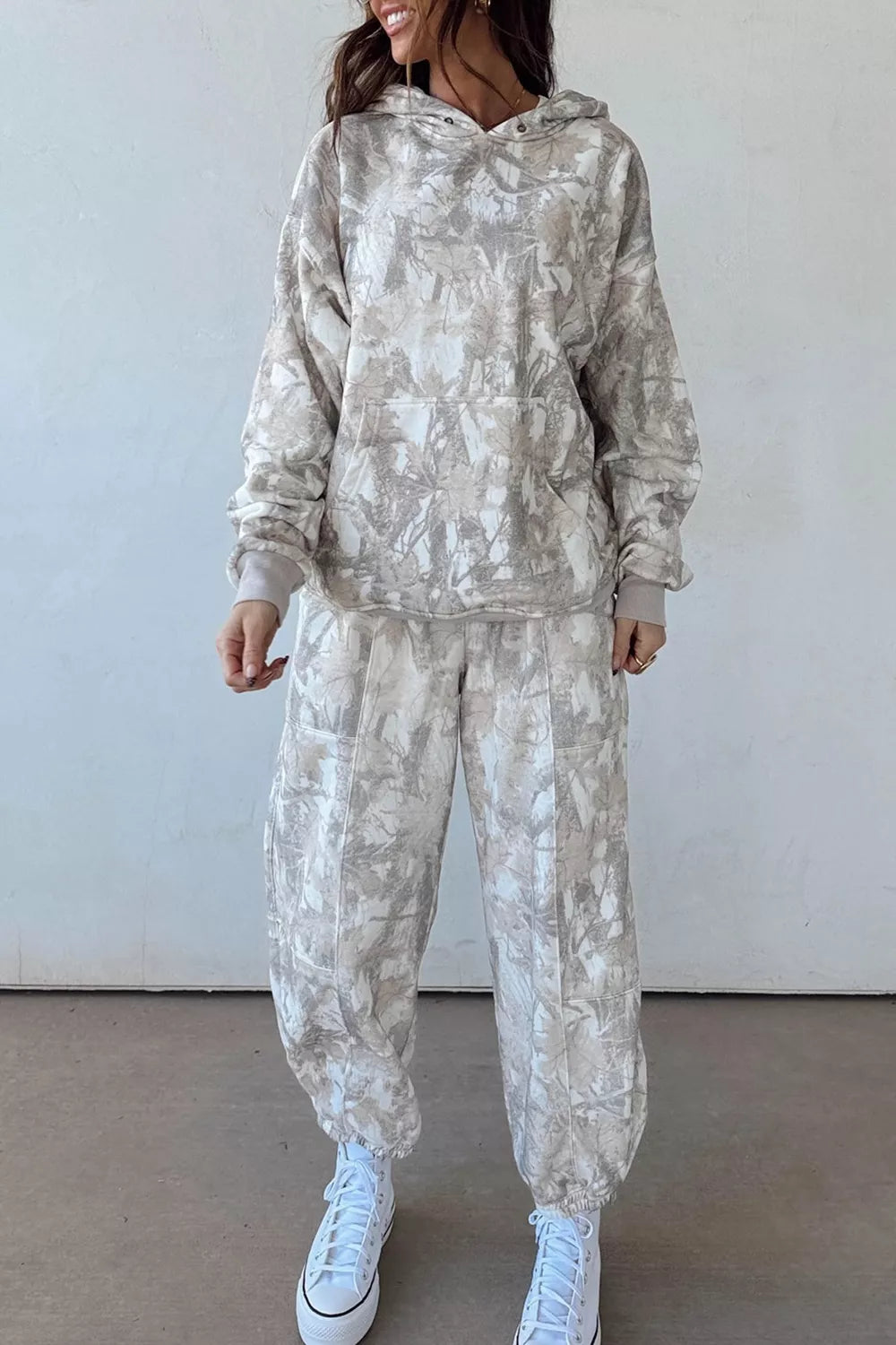 Multicolour Abstract Print Long Sleeve Pant Set in Light Gray, front view